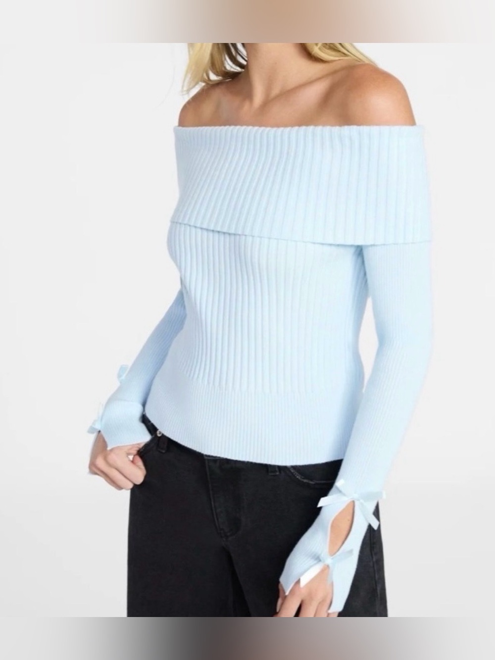 No Boundaries Light Blue Off-the-Shoulder Ribbed Top with Bow Cuff Women.